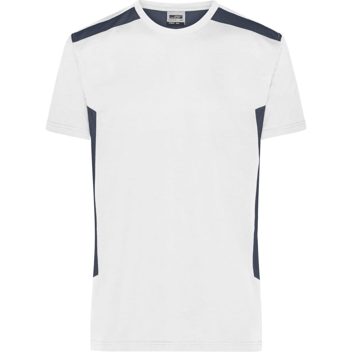 A white men's workwear T-shirt with navy blue accents and a logo. Suitable for various work environments.