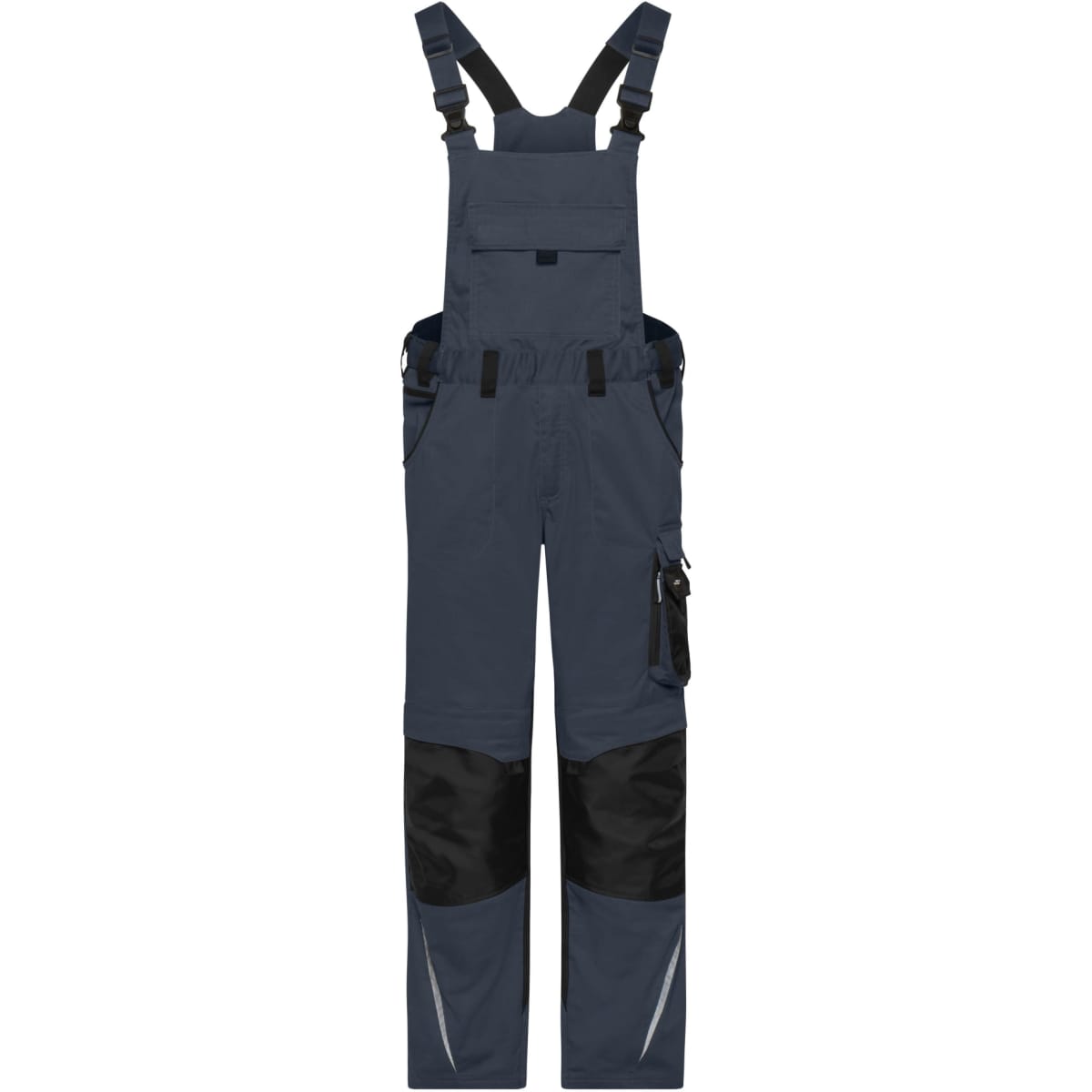 A pair of navy blue workwear pants with bib, featuring black accents and multiple pockets.