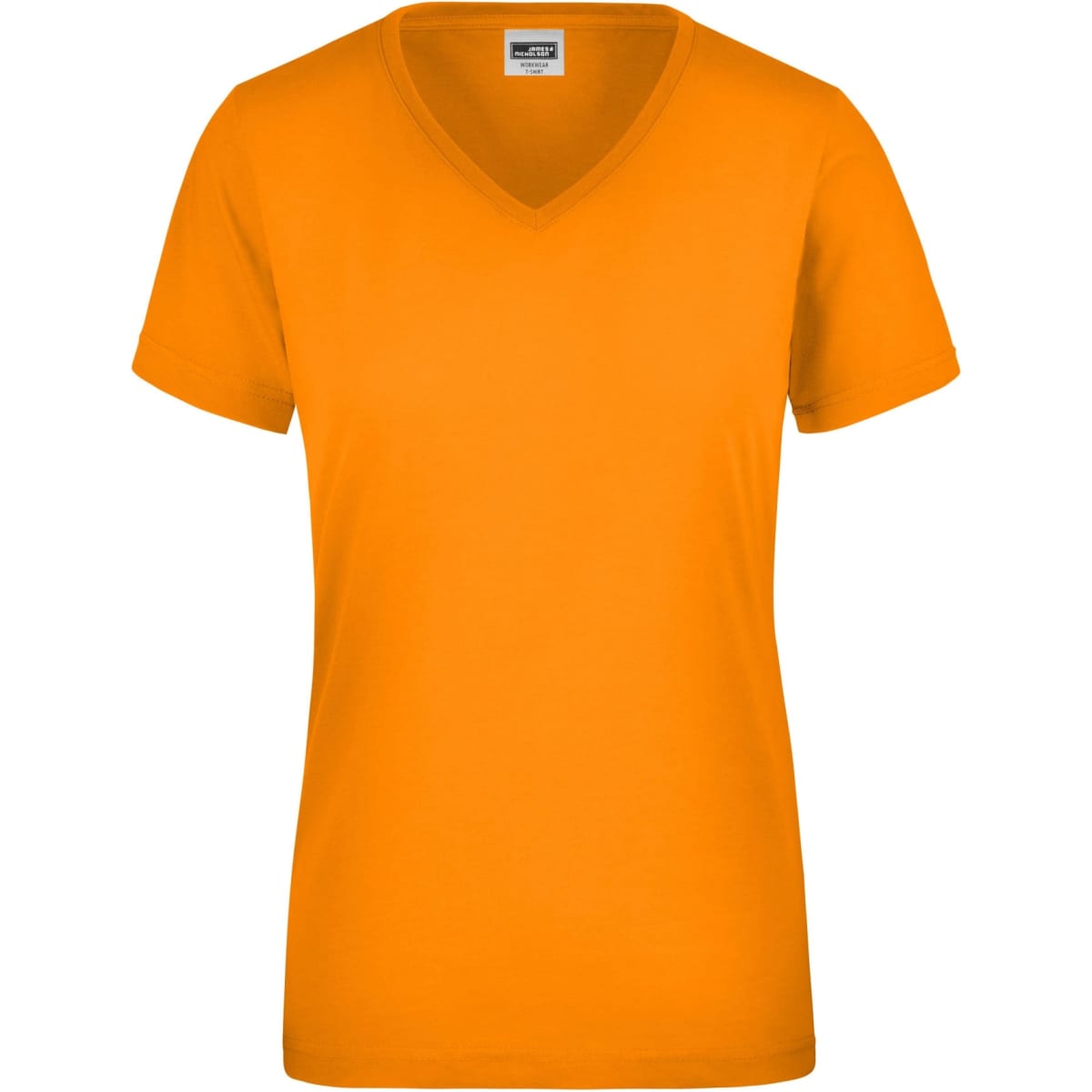 An orange v-neck t-shirt with short sleeves, featuring a plain design and a logo on the label.