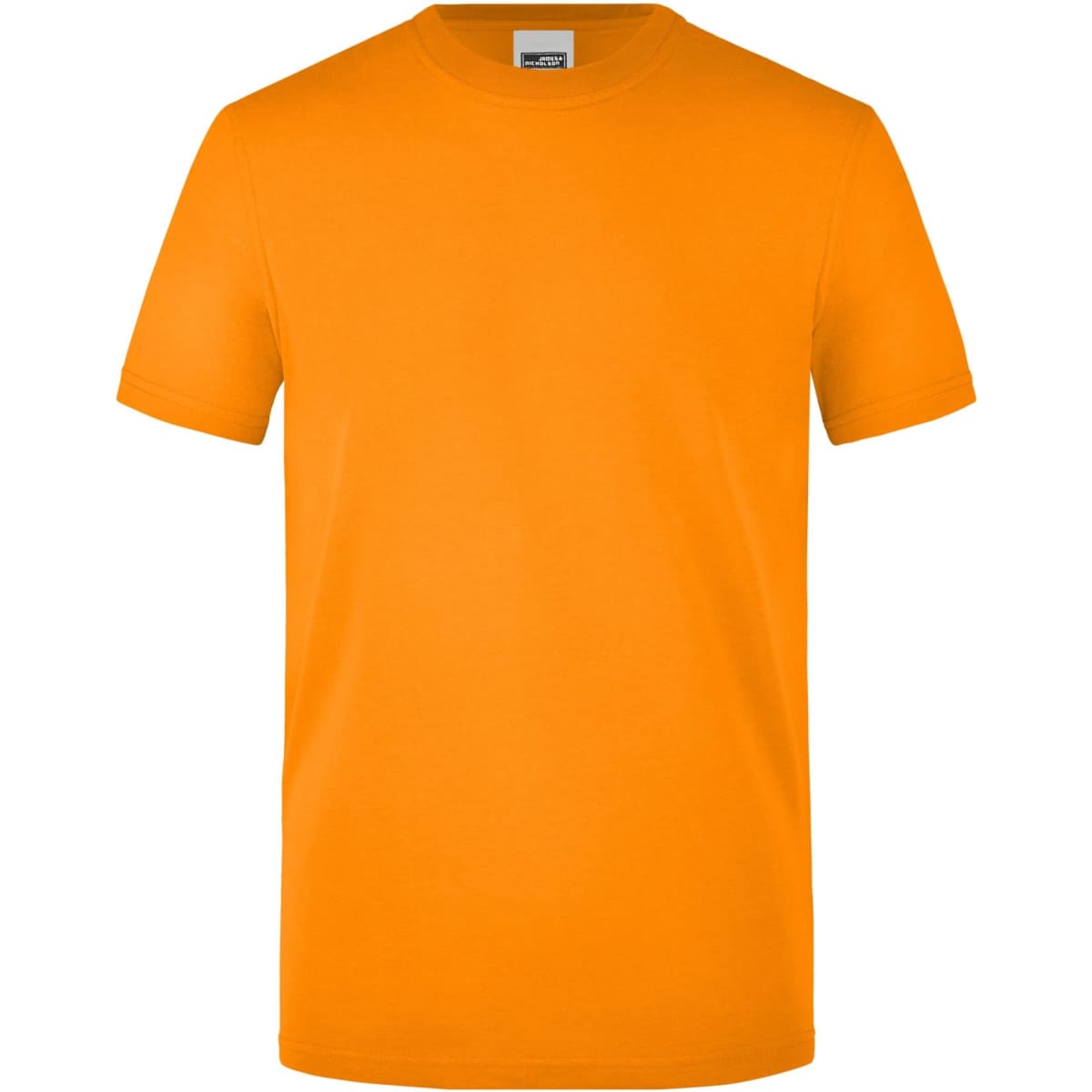 An orange work t-shirt featuring a simple design and a branding logo.