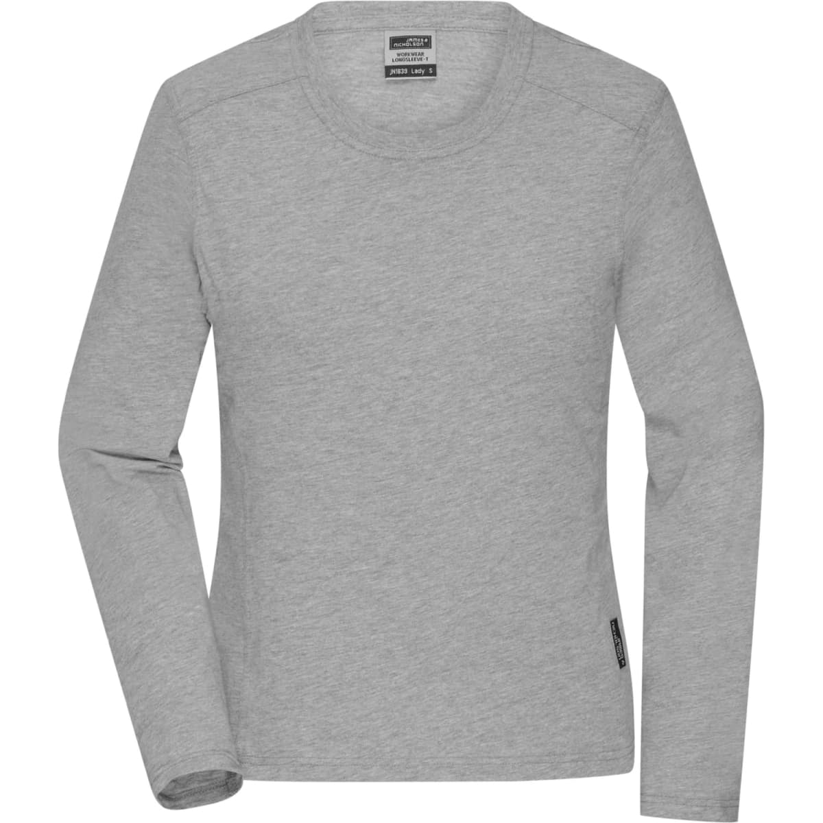 A ladies' long-sleeve T-shirt in grey, featuring a logo and designed for workwear.