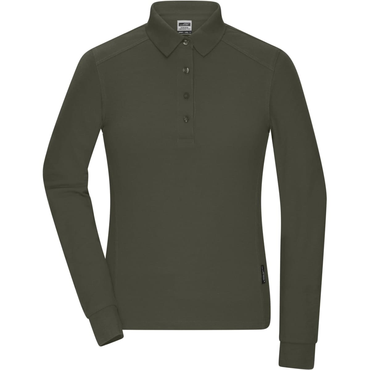 A long-sleeve polo shirt in olive green, featuring a collar, buttons, and a logo on the side.