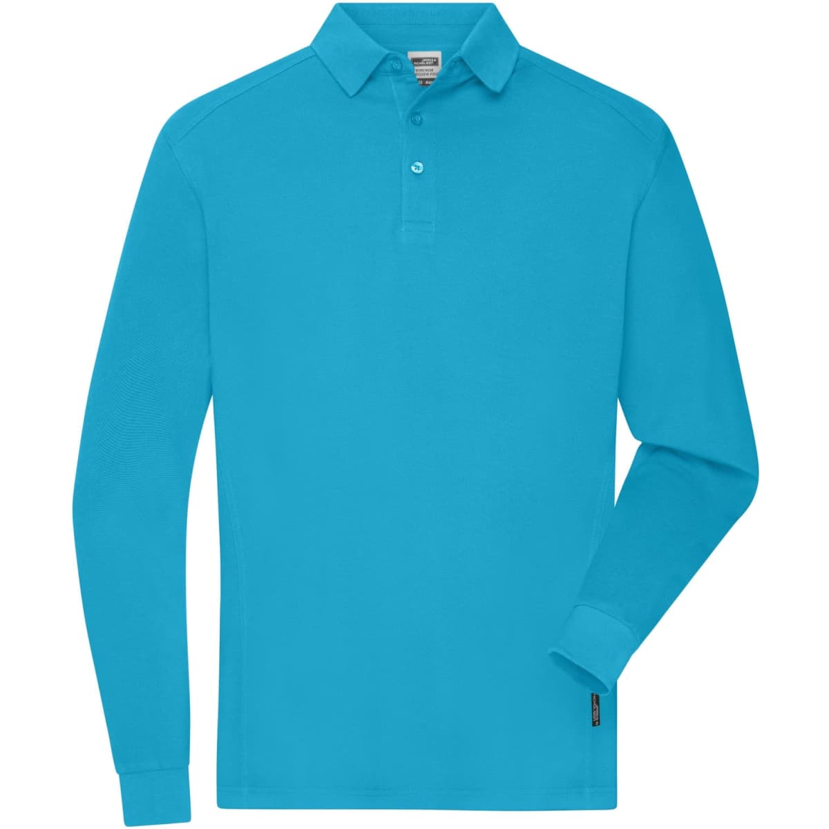 A long-sleeve polo shirt in bright blue, featuring a collar and a logo on the front.