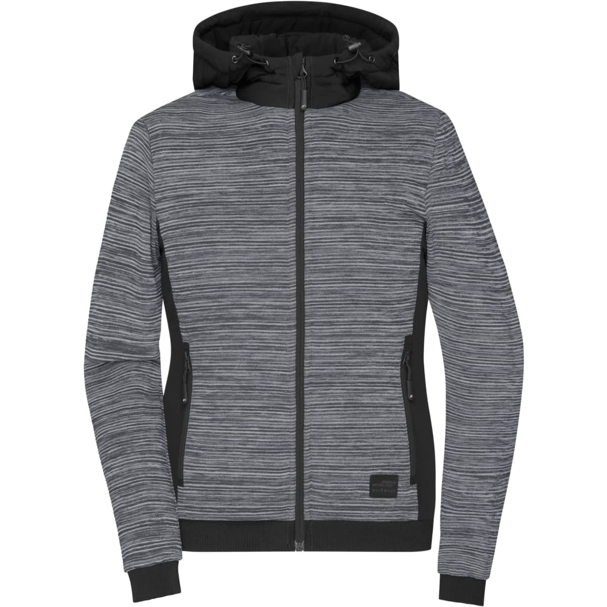A ladies' padded hybrid jacket in grey with a black hood, featuring a zip front and side pockets, with branding.