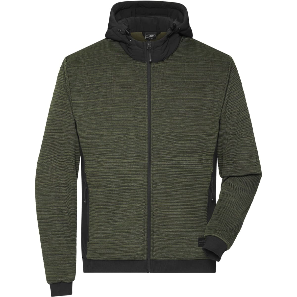 A men's padded hybrid jacket in dark green with a hood and textured fabric. Features a zip front and contrasting black details.