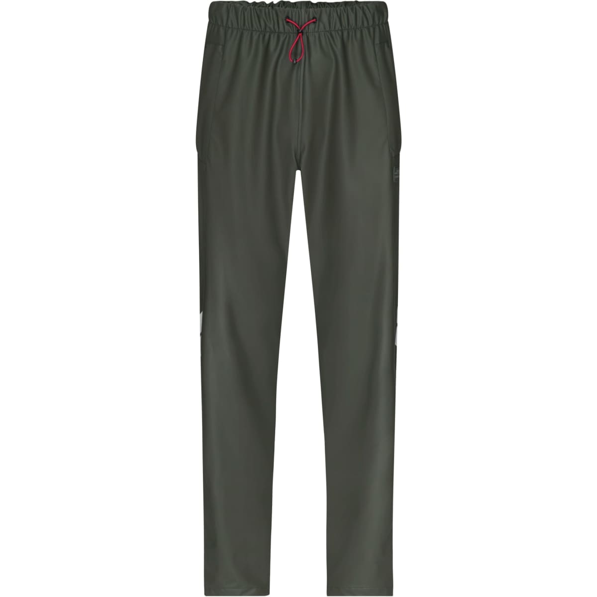 Worker Rain-Pants in dark green with an elastic waistband and drawstring, featuring side pockets and branding.