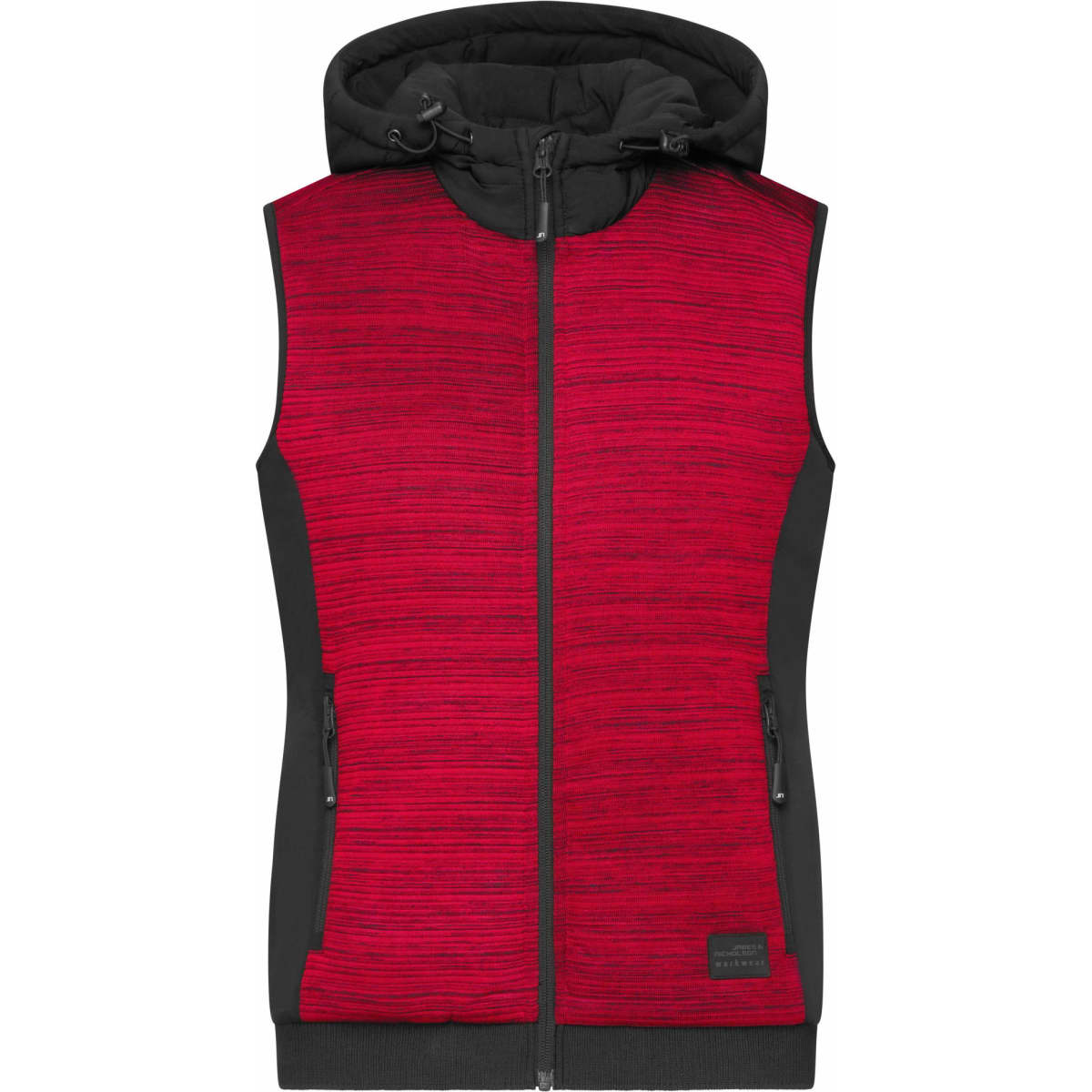 A padded hybrid vest in red with a black hood and side pockets, featuring a zip front and branding.