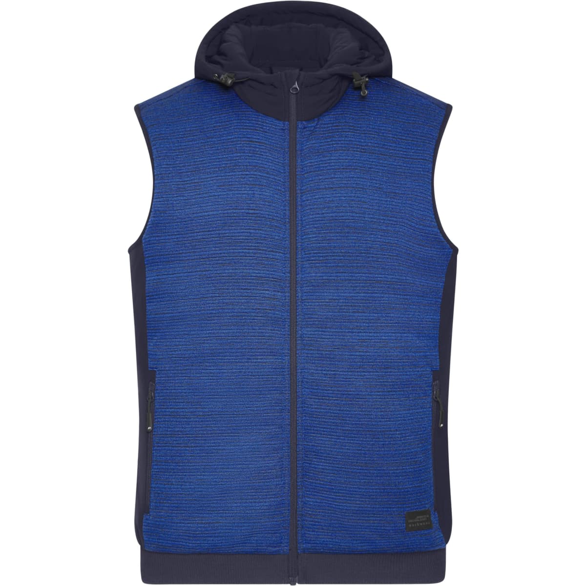 A hooded men's padded hybrid vest in blue with a textured front and dark navy sides, featuring zippers and a logo.