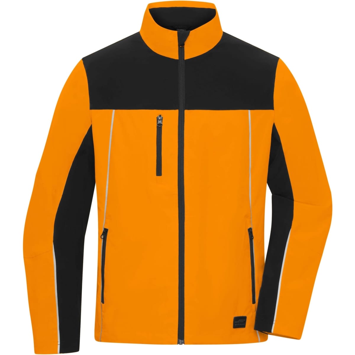 A workwear jacket featuring orange and black panels, with zippered pockets and a stand-up collar. It has a logo on it.