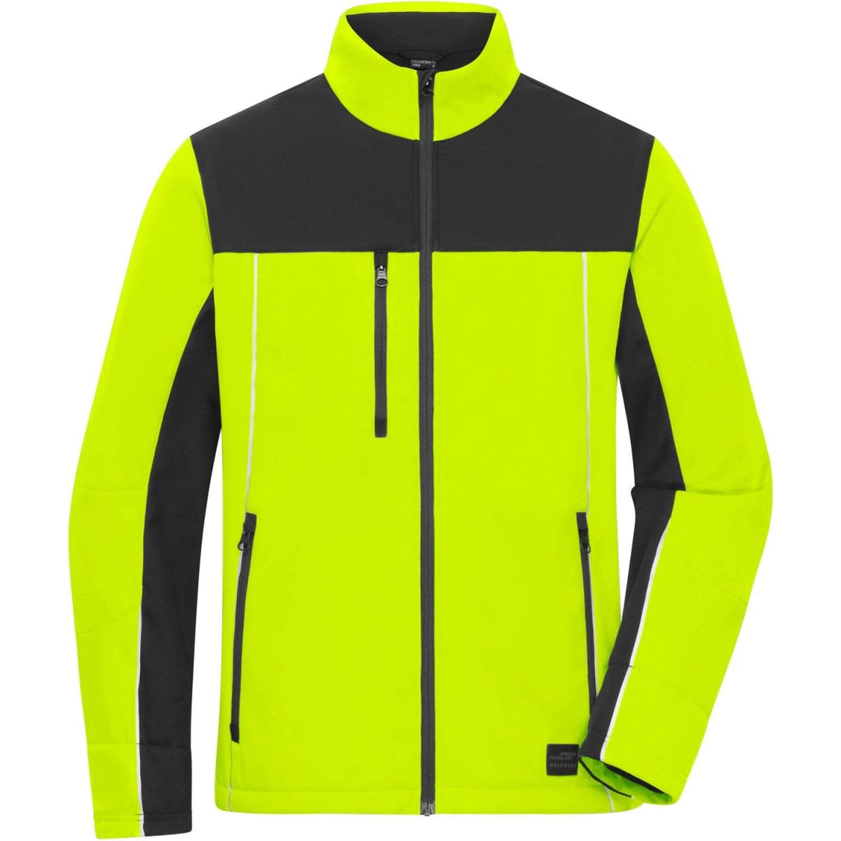 A soft shell jacket in bright yellow with black accents and a zip pocket, featuring a logo on the sleeve.