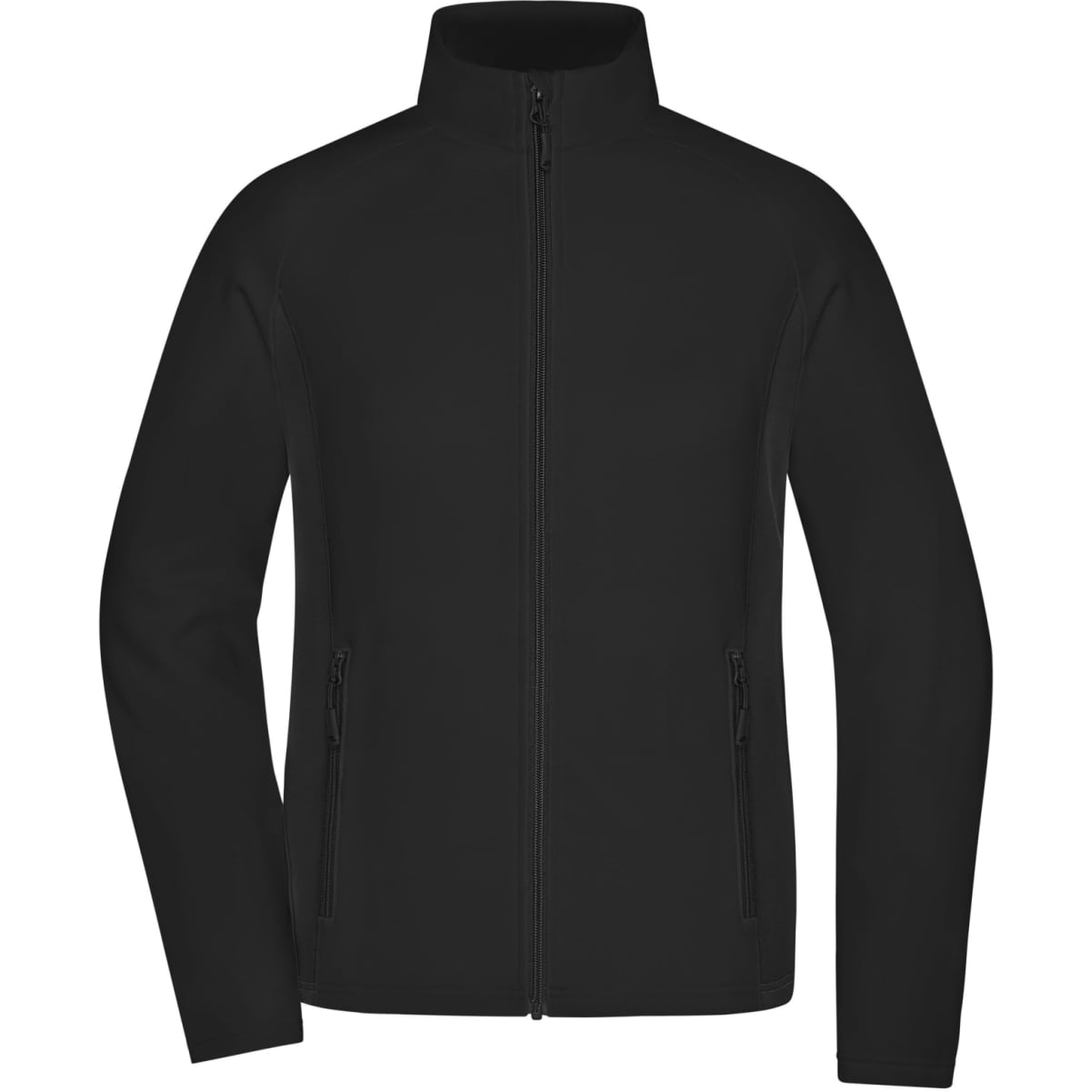 A black stretch fleece jacket with a high collar and zip closure, featuring side pockets and a logo.