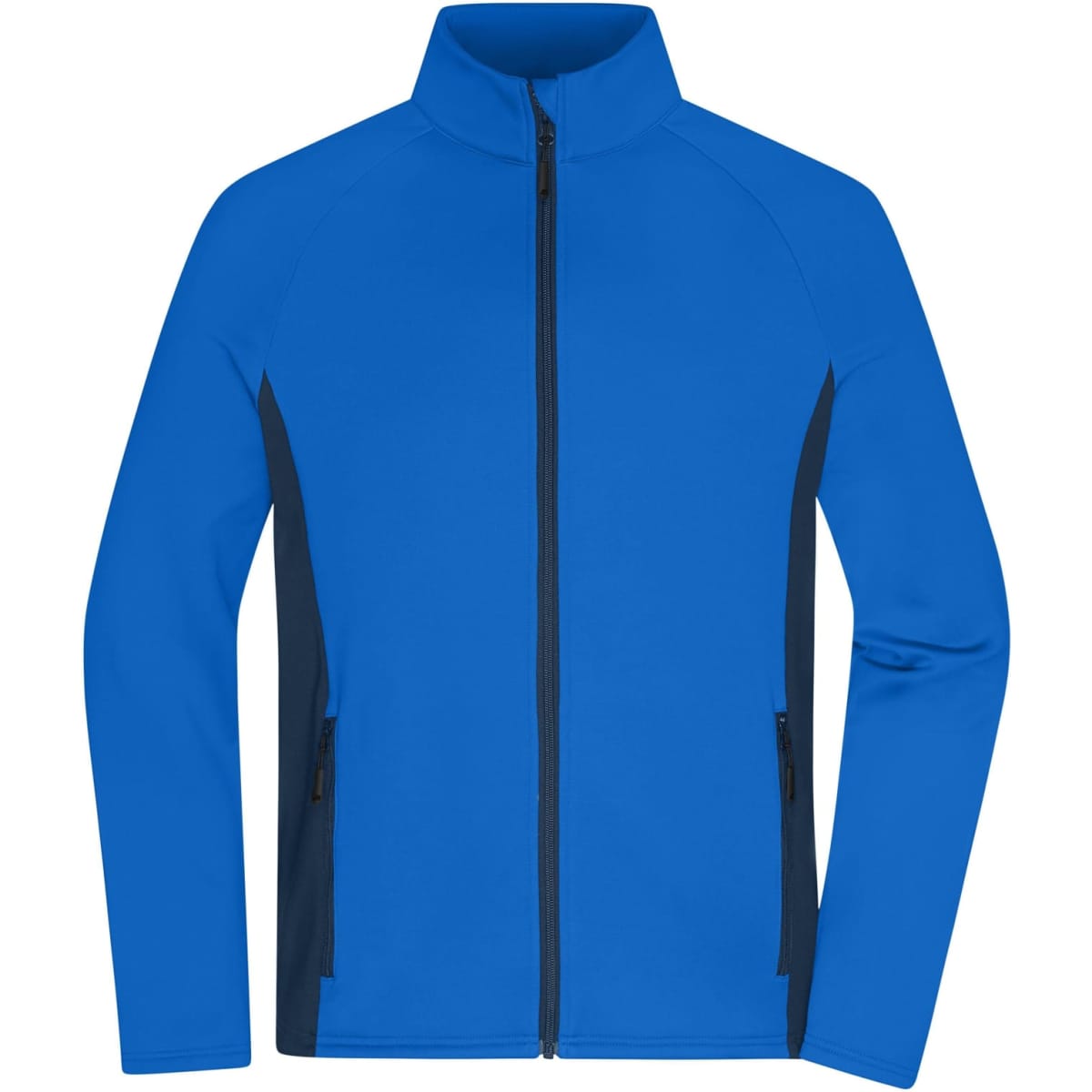 A blue men's stretch fleece jacket with dark blue side panels and a full front zipper. Includes pockets and a collar.