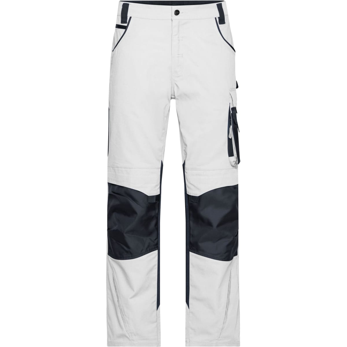 Winter workwear pants in white with navy panels and pockets, featuring a modern design and a logo.
