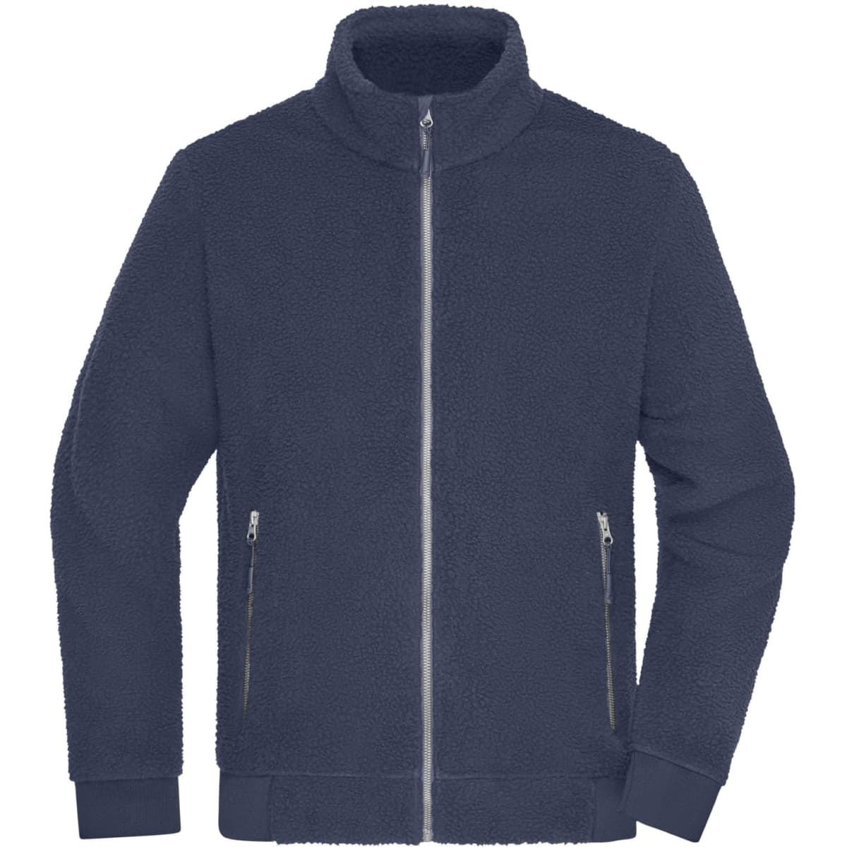 A navy Sherpa jacket with a zip closure and side pockets, featuring a high neck and long sleeves.