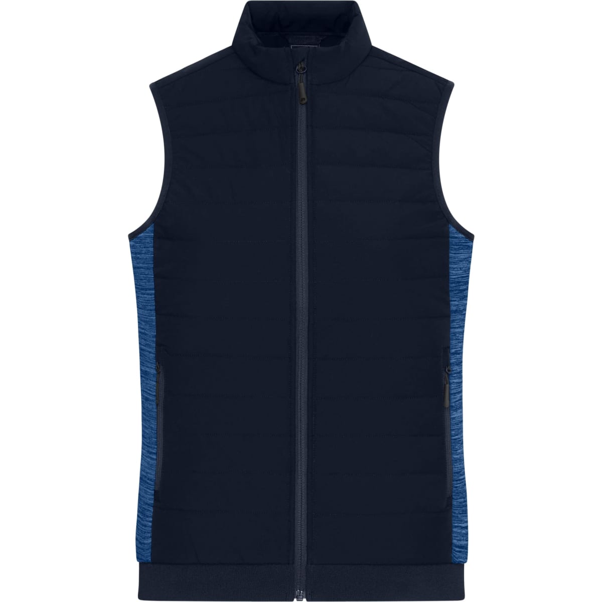 A navy blue padded hybrid vest featuring a zip front and textured blue side panels. It has two side pockets and a branding logo.