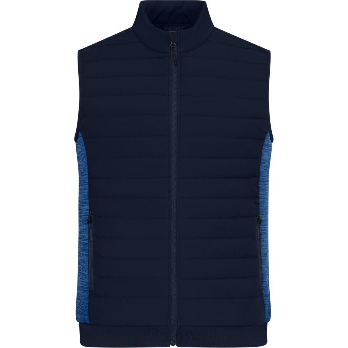 A men's padded hybrid vest in navy with blue side panels and a zip front. Features pockets on the front.