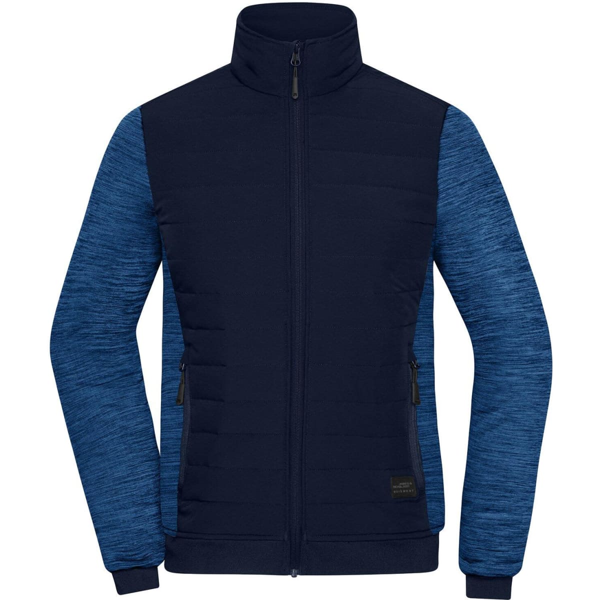 A padded hybrid jacket in navy and blue, featuring a zip-front design and two side pockets. It has a logo.