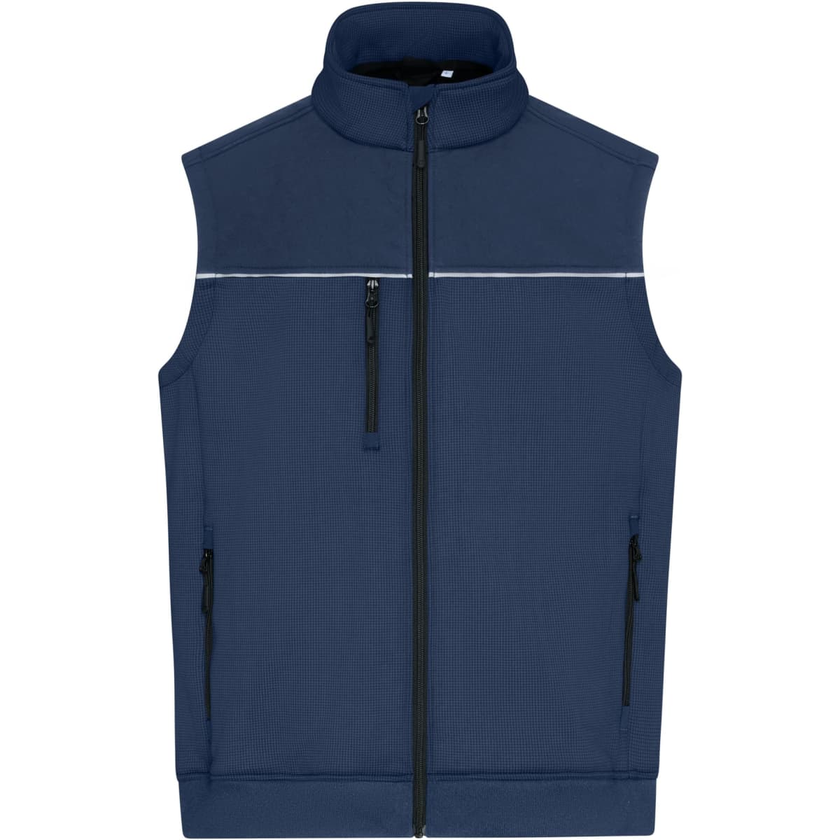 A navy Hybrid Workwear Vest featuring a high collar and zippered pockets, with a branding logo.