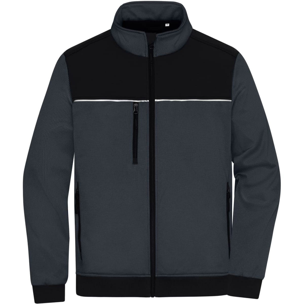 A Hybrid Workwear Jacket in grey and black, featuring a high collar and multiple zip pockets. It has a logo.