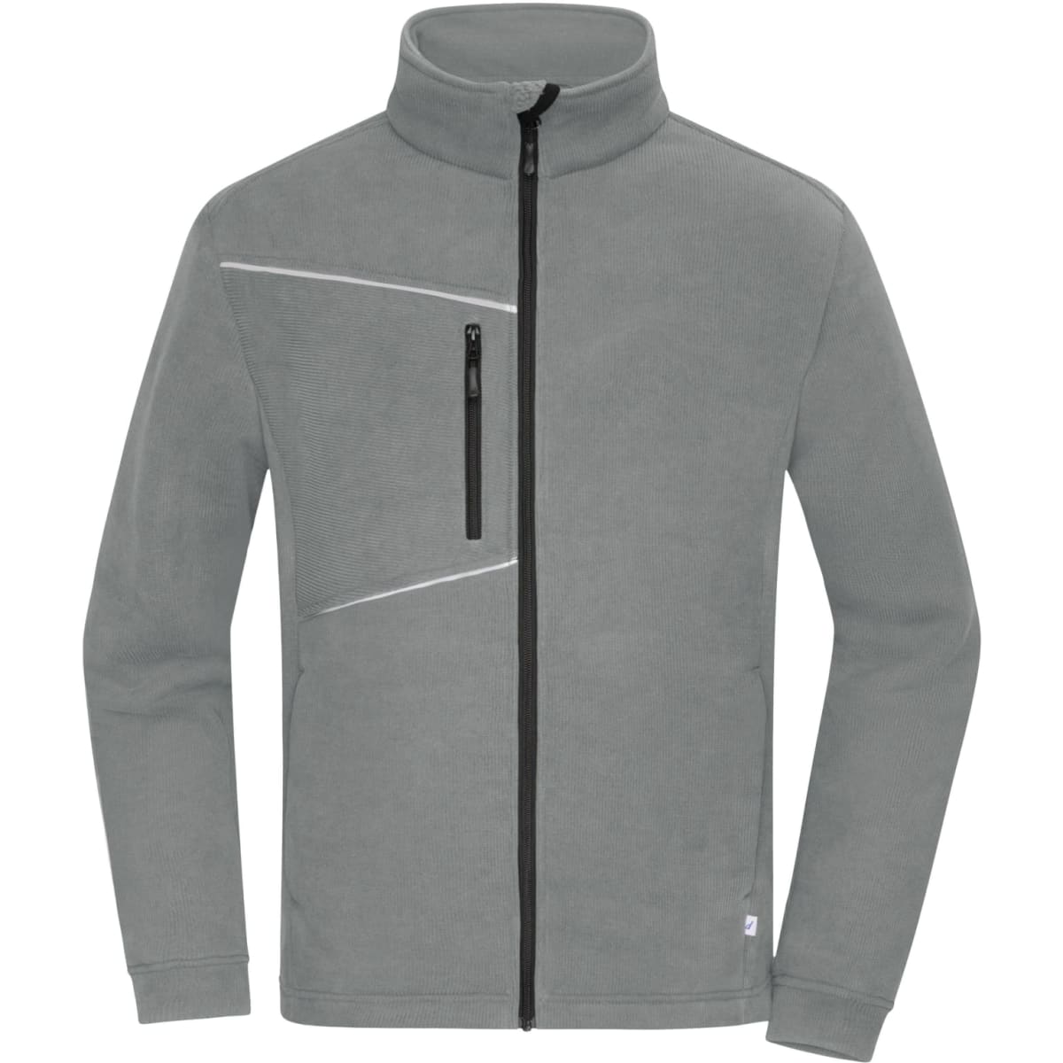 A fleece jacket in grey with a corduroy look and a zippered chest pocket. Features a high collar and zipper closure.