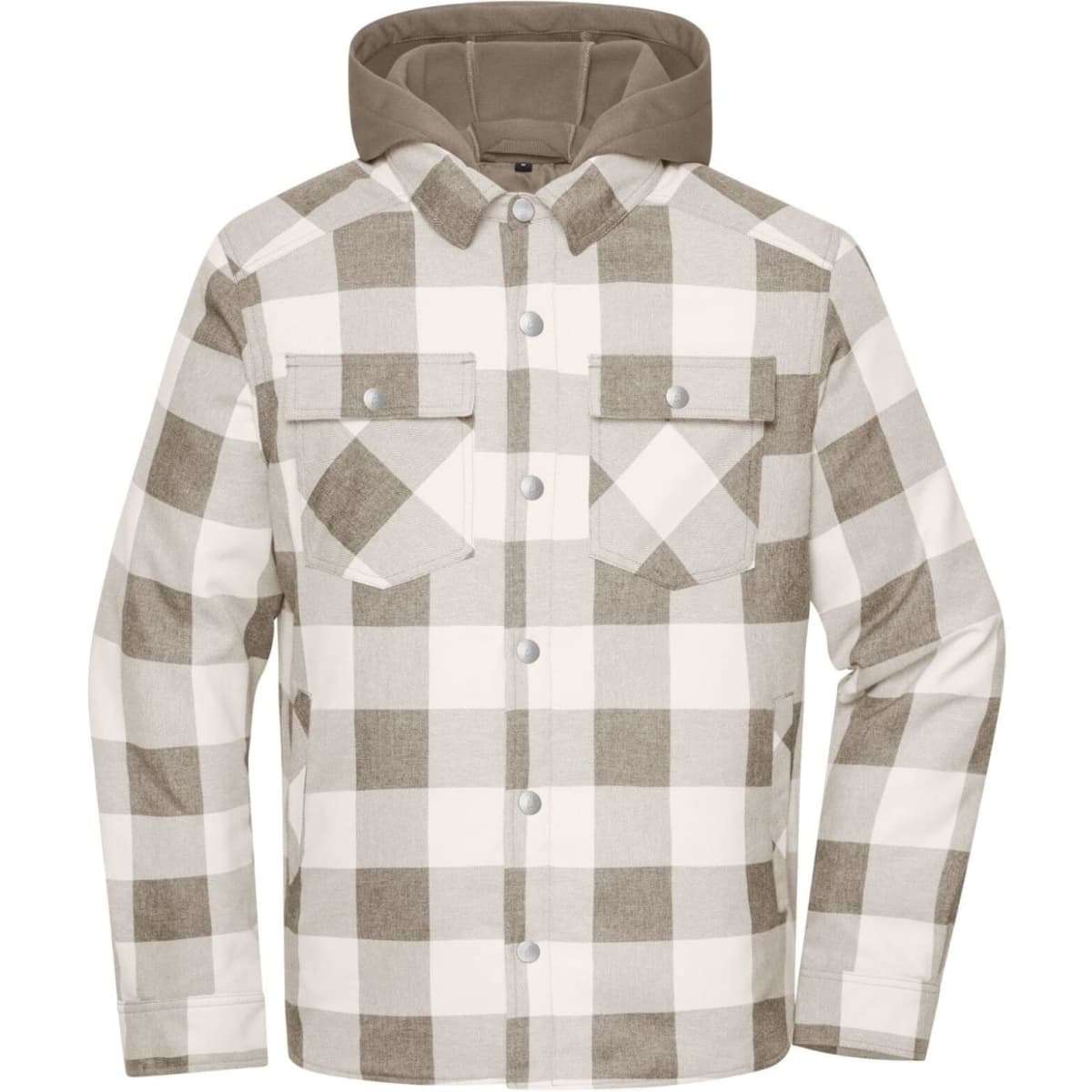 A check shirt jacket in white and brown, featuring a hood and two front pockets. It has a logo on the chest.