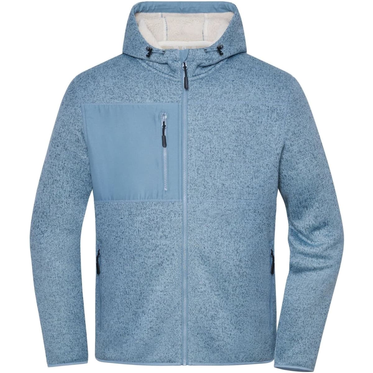 A soft shell jacket in light blue with a zippered chest pocket and a hood. Features a textured design and has a logo.