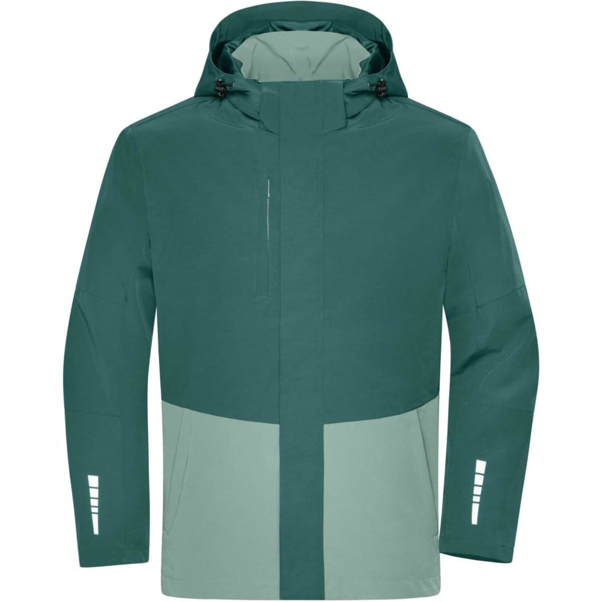 A hardshell rainjacket in deep green and light mint. It features a hood and zippered pockets, with a logo present.