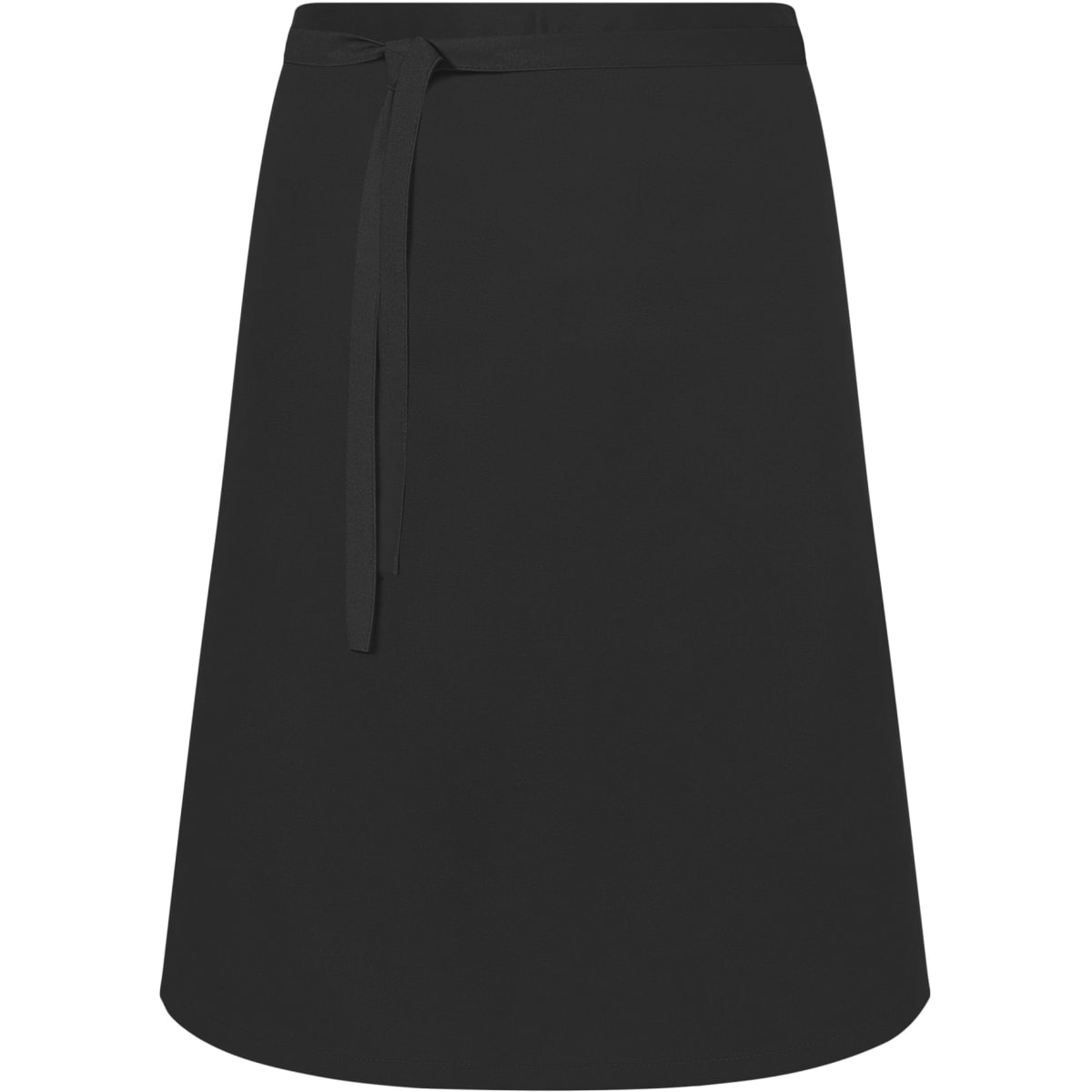 A black apron with a tie waist, featuring a simple and clean design, suitable for workwear.