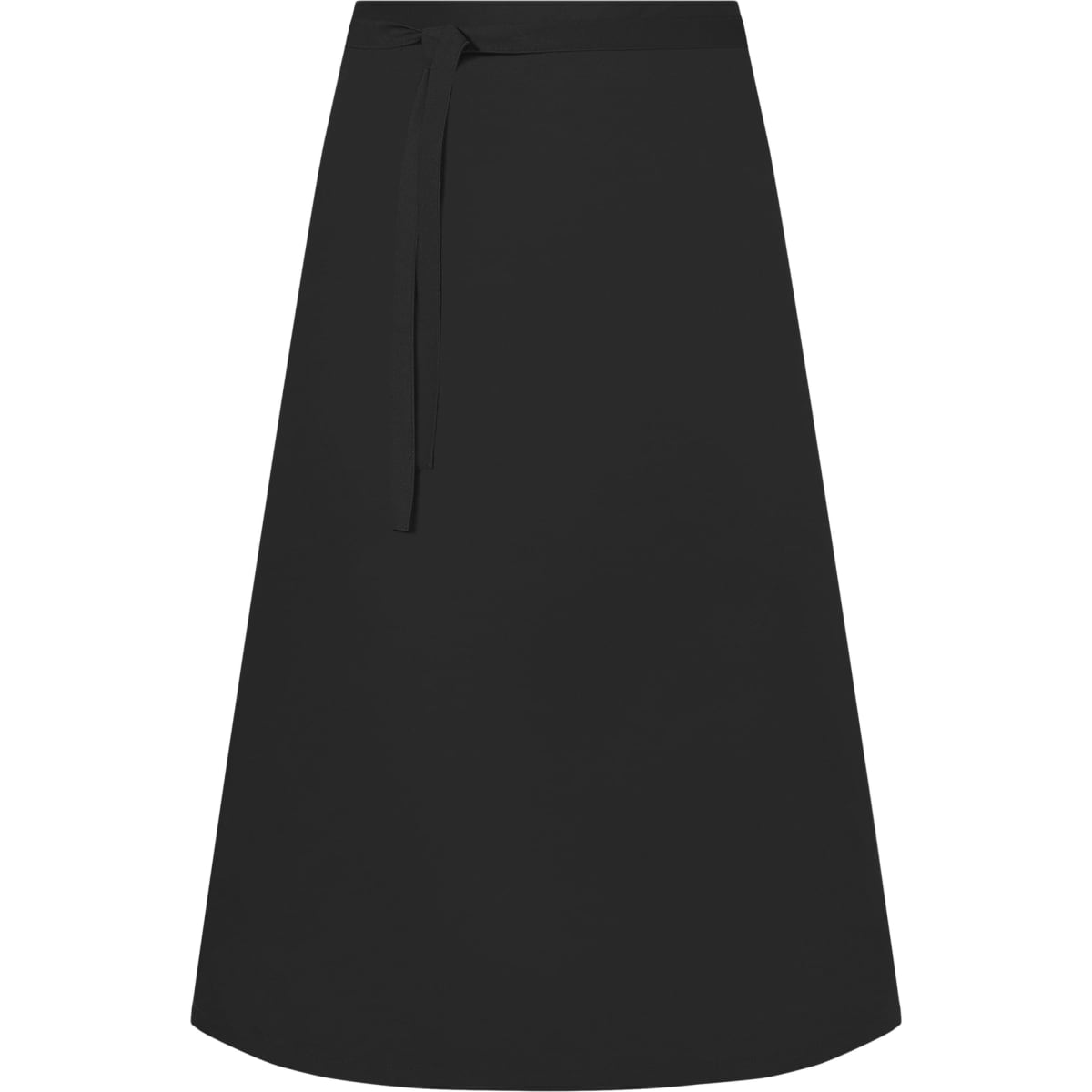 A black long apron featuring a tie waist and a simple, sleek design. It has a branding logo.