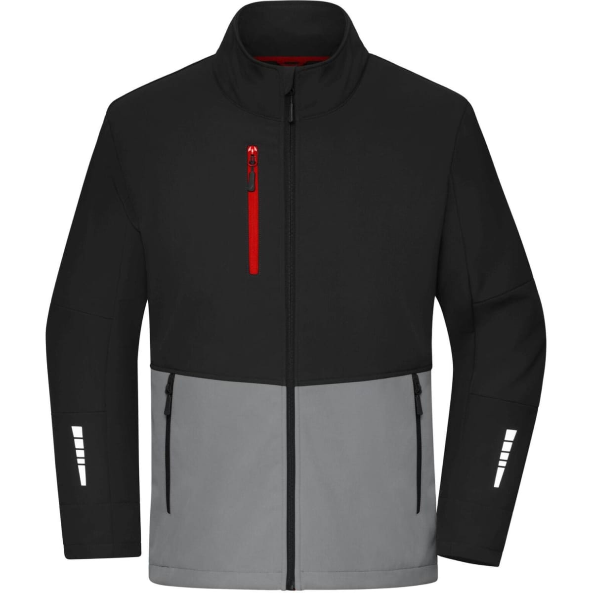 A black and grey softshell jacket featuring a red zippered pocket and reflective accents, with a logo on the chest.