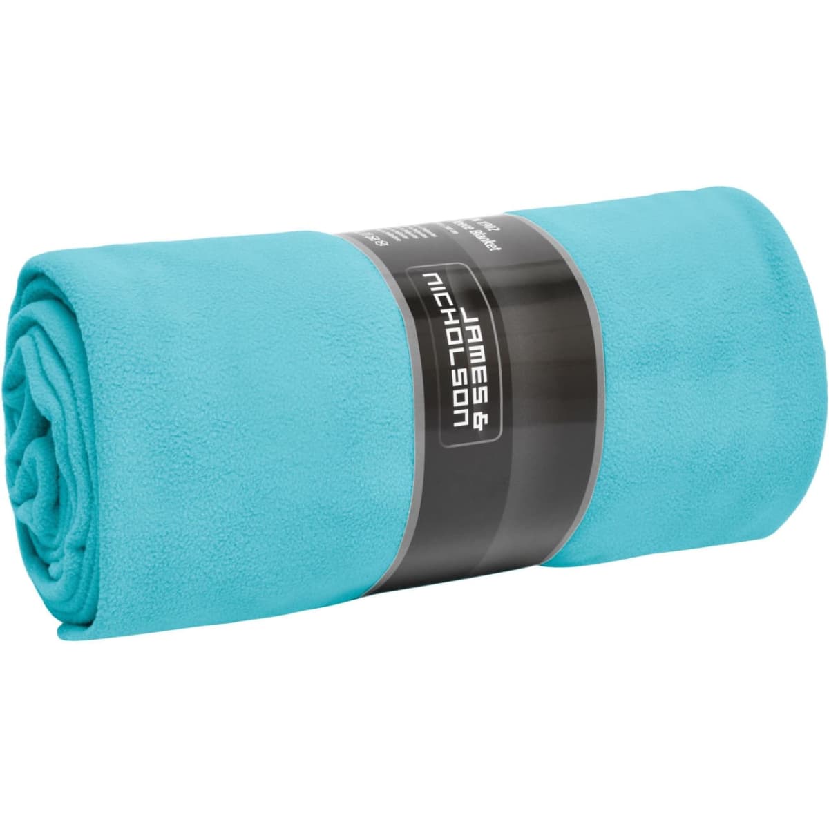 A rolled turquoise fleece blanket with a branding label around it.