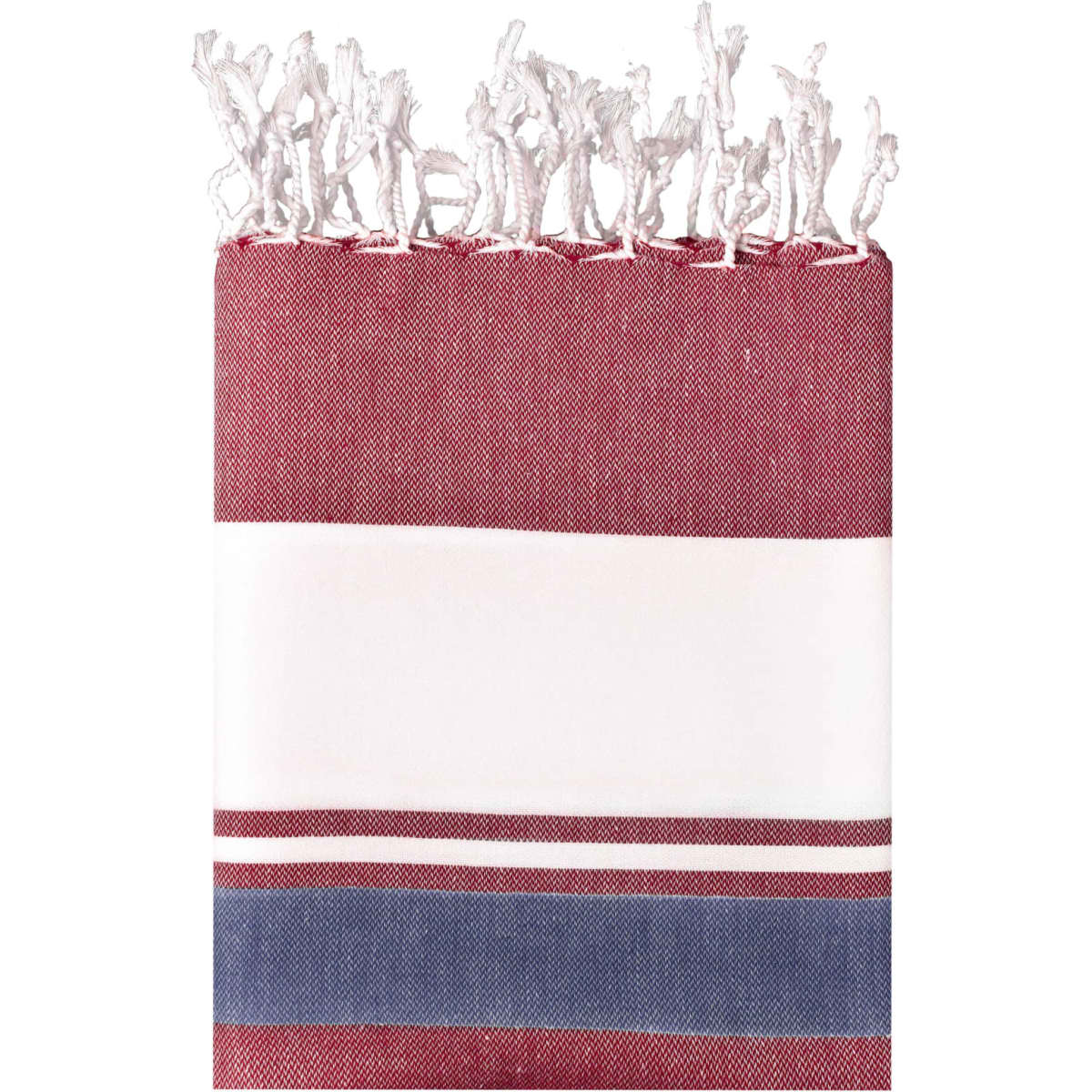 A beach blanket in maroon, white, and navy stripes with a fringed edge and a logo.