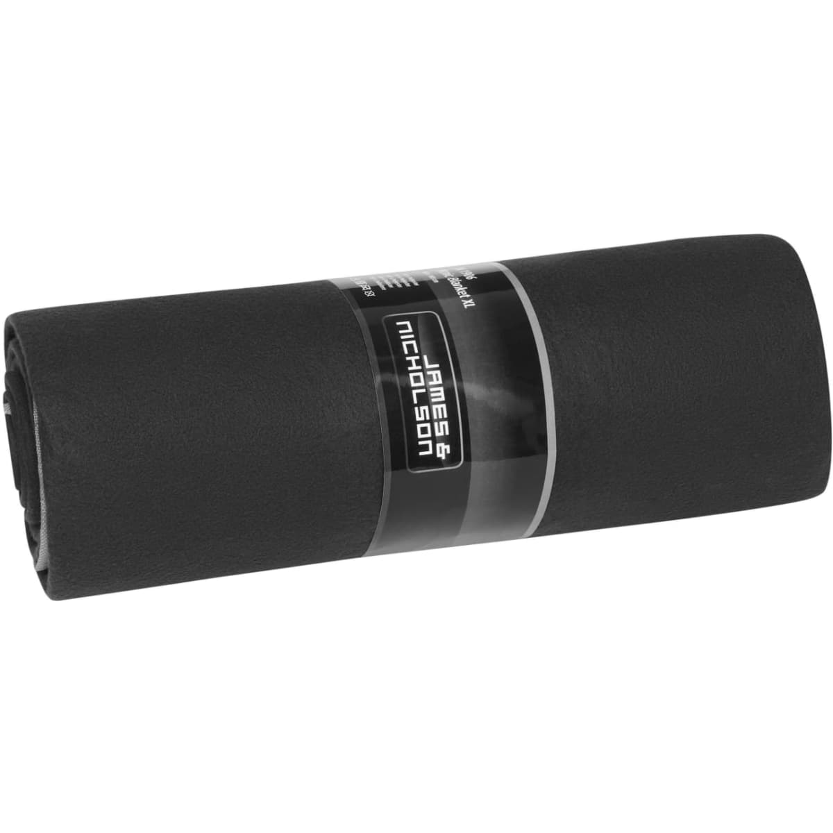 A rolled black picnic blanket with a branded label, showcasing a neat and compact design.