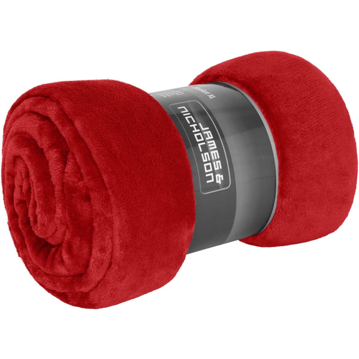 A rolled red microfibre fleece blanket XL with a black band featuring a logo.