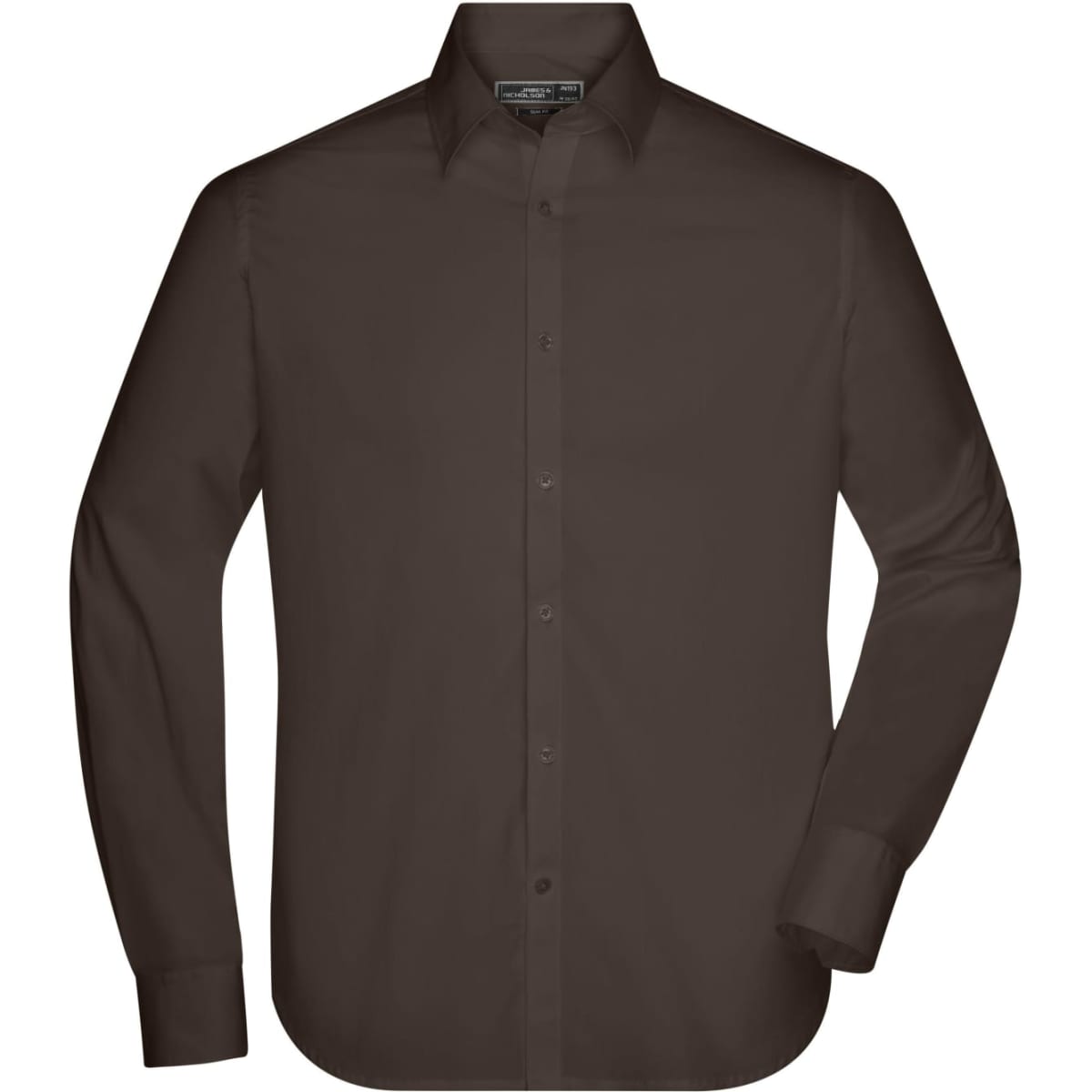 A long-sleeved, button-up men's shirt in a rich brown colour with a collar and a logo on the label.