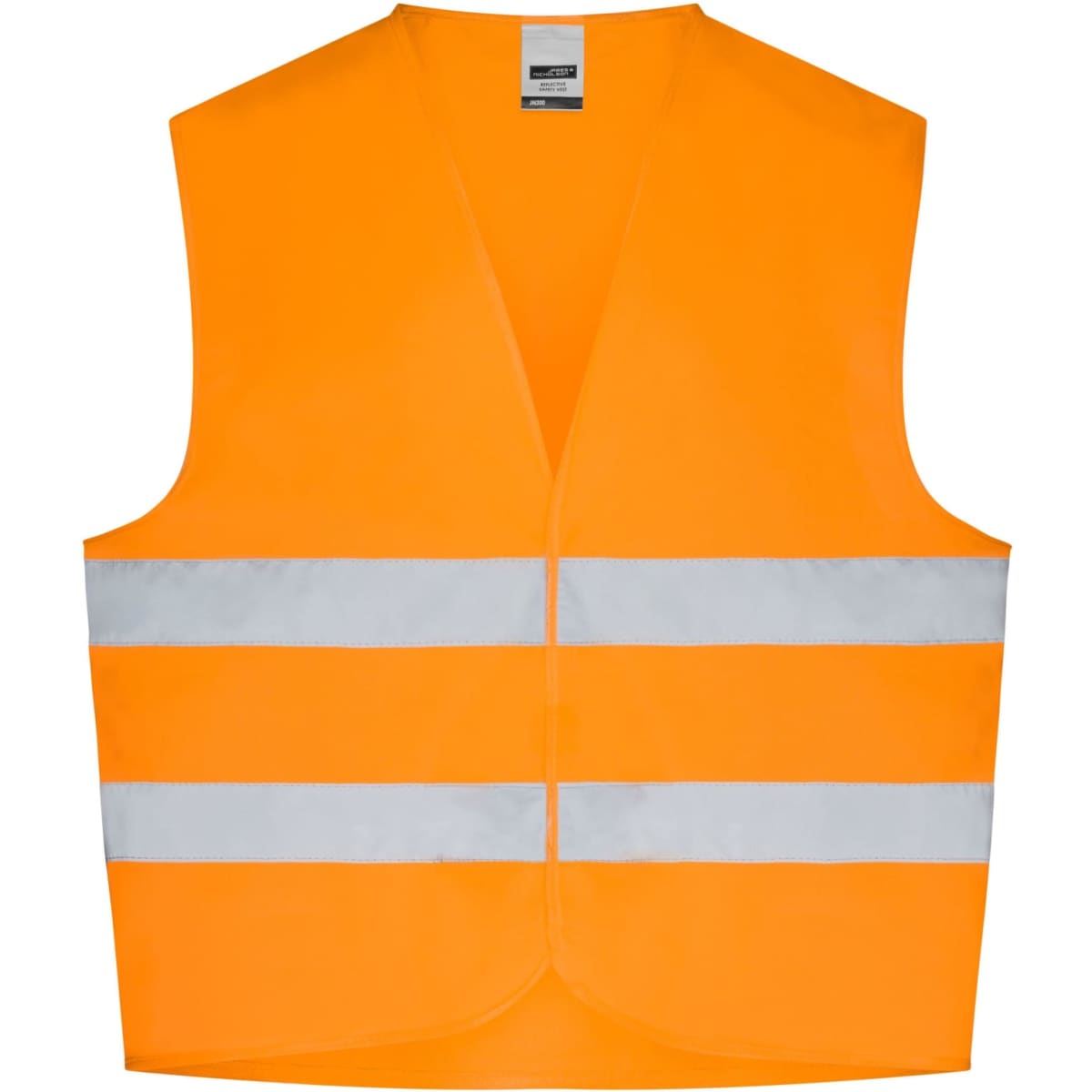 An orange safety vest with two reflective stripes. The vest has no sleeves and a V-neck design. It features a logo.