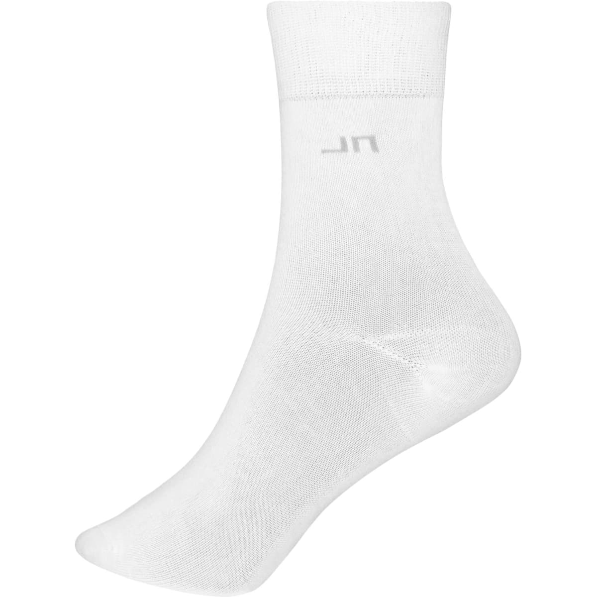A pair of white sport socks with a subtle logo, designed for athletic use.