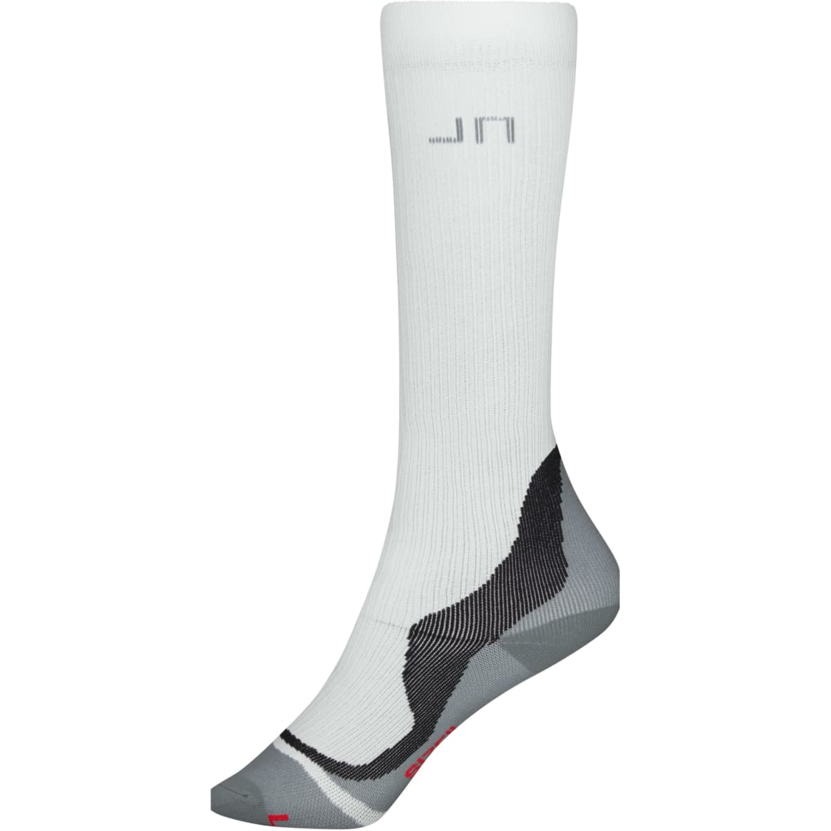 A pair of white compression socks with grey accents and a logo on the side.