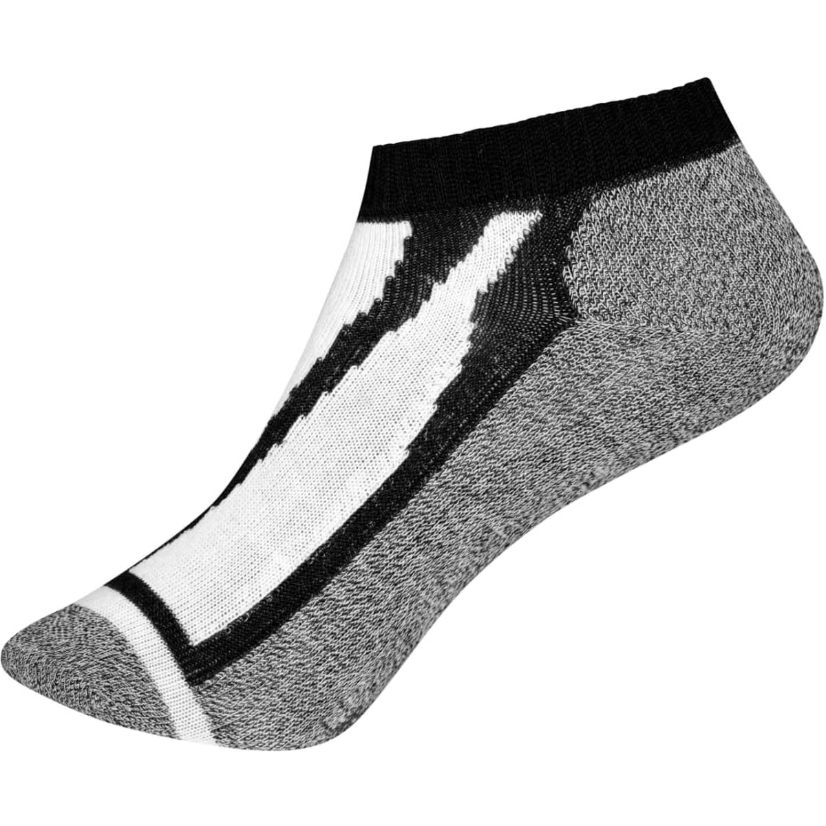 A pair of sneaker socks in black, white, and grey, featuring a logo.