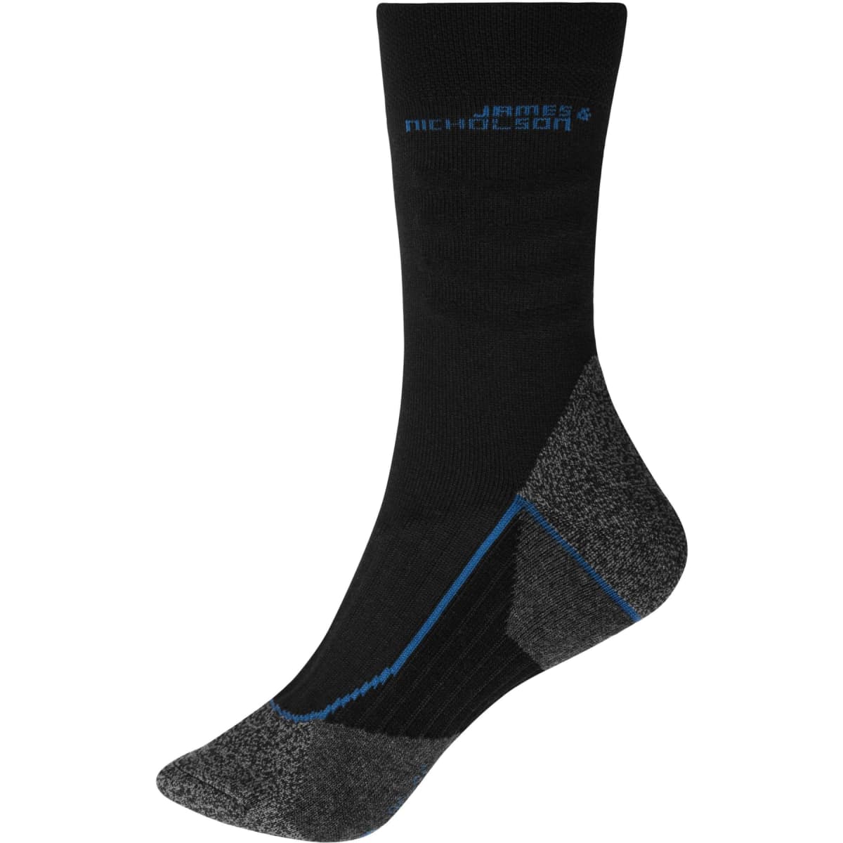 A pair of black and grey work socks with blue detailing and a logo. Suitable for various work environments.