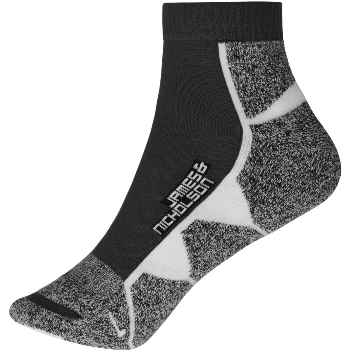 Sport sneaker socks in black with grey textured patterns and a logo on the side. Ideal for sports and active wear.