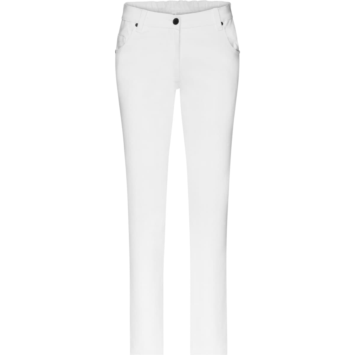 White stretch pants with five pockets, featuring a slim fit design and a button closure at the waist, with a logo.