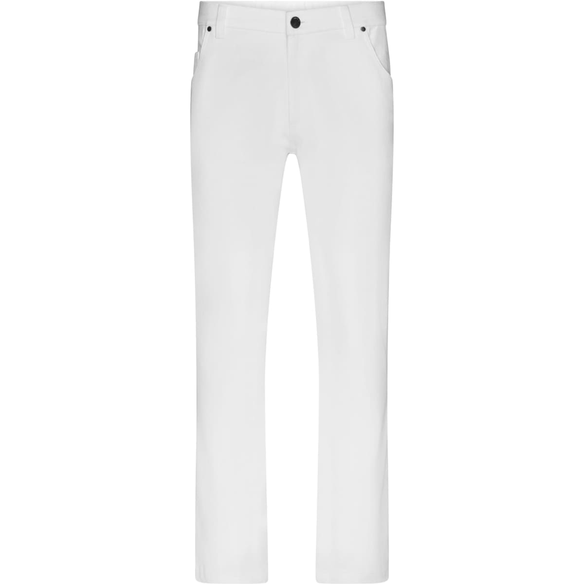 A pair of white men's stretch pants with five pockets and a logo on the waistband.