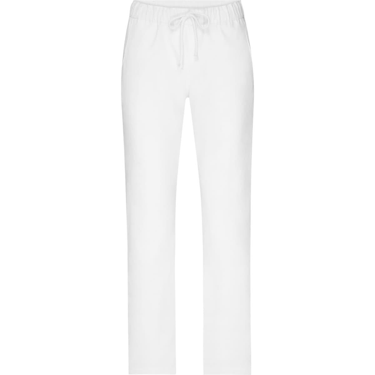 White ladies' comfort pants with an elastic waistband and drawstring. The design is simple and casual.