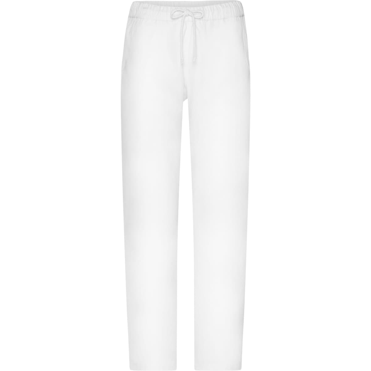 White comfort pants with a drawstring waistband, featured with a logo. Suitable for casual wear.