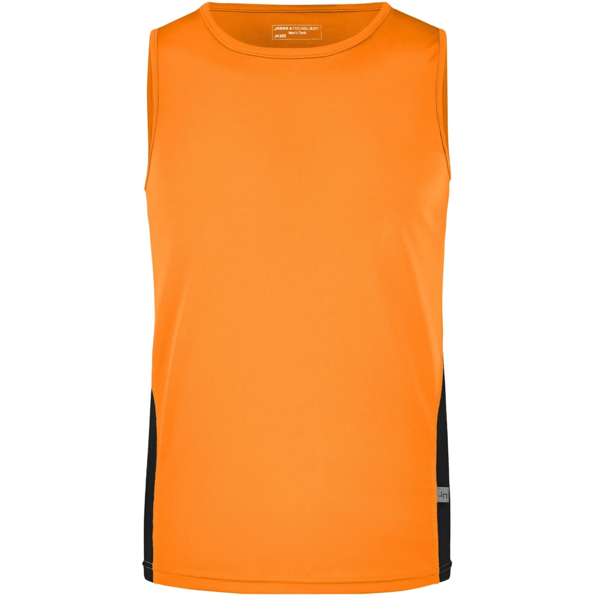 An orange men's running tank top with black side panels and a logo on the front.