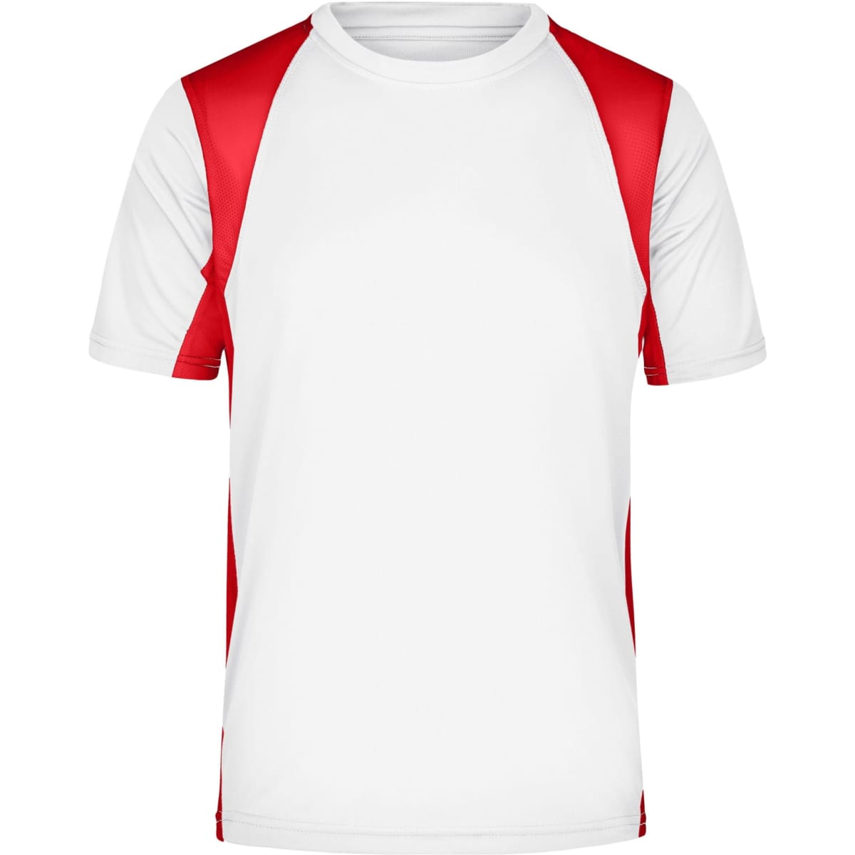 A white t-shirt featuring red raglan sleeves and a logo on the front.