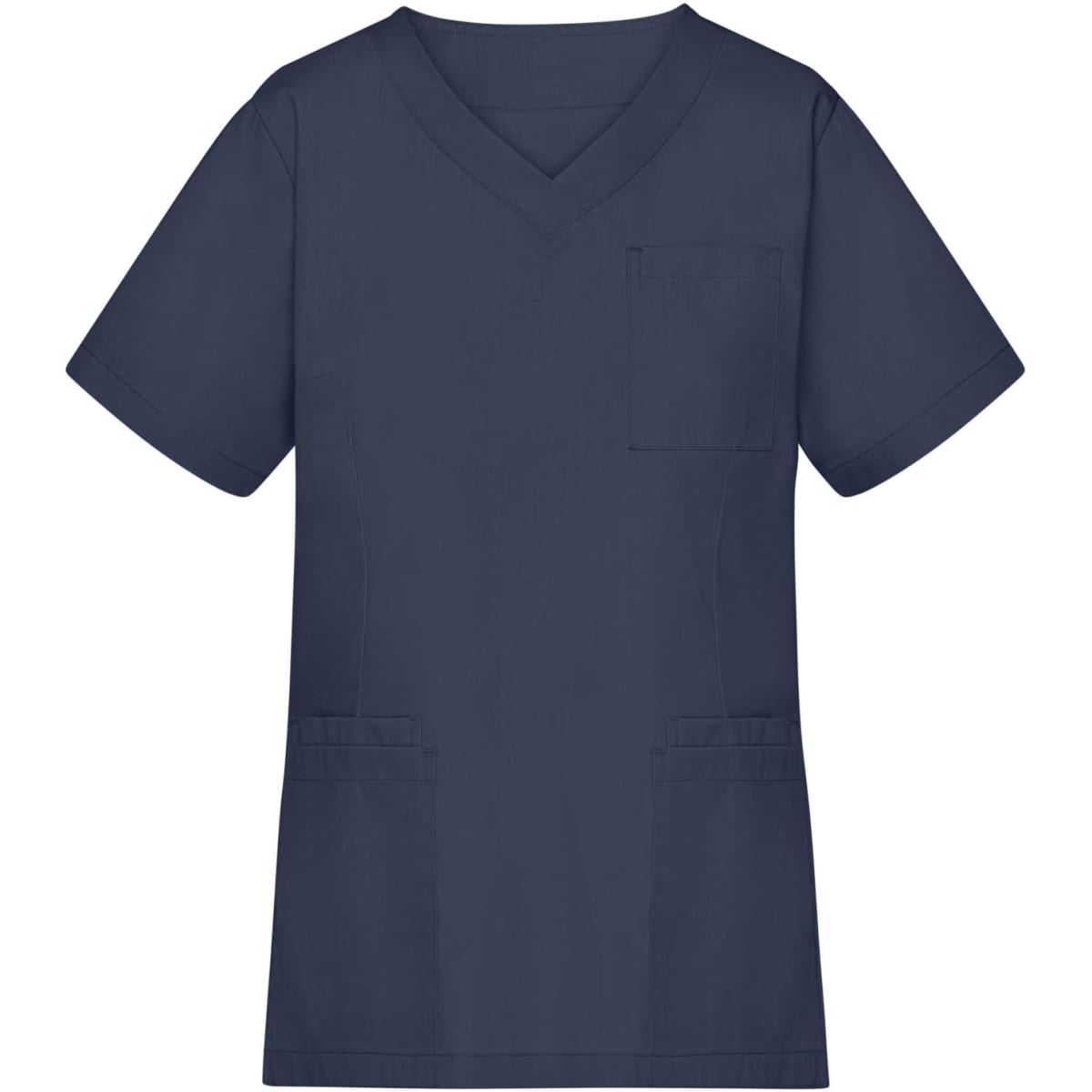 A navy tunic with a V-neck, short sleeves, and a pocket, featuring two front pockets and a logo.