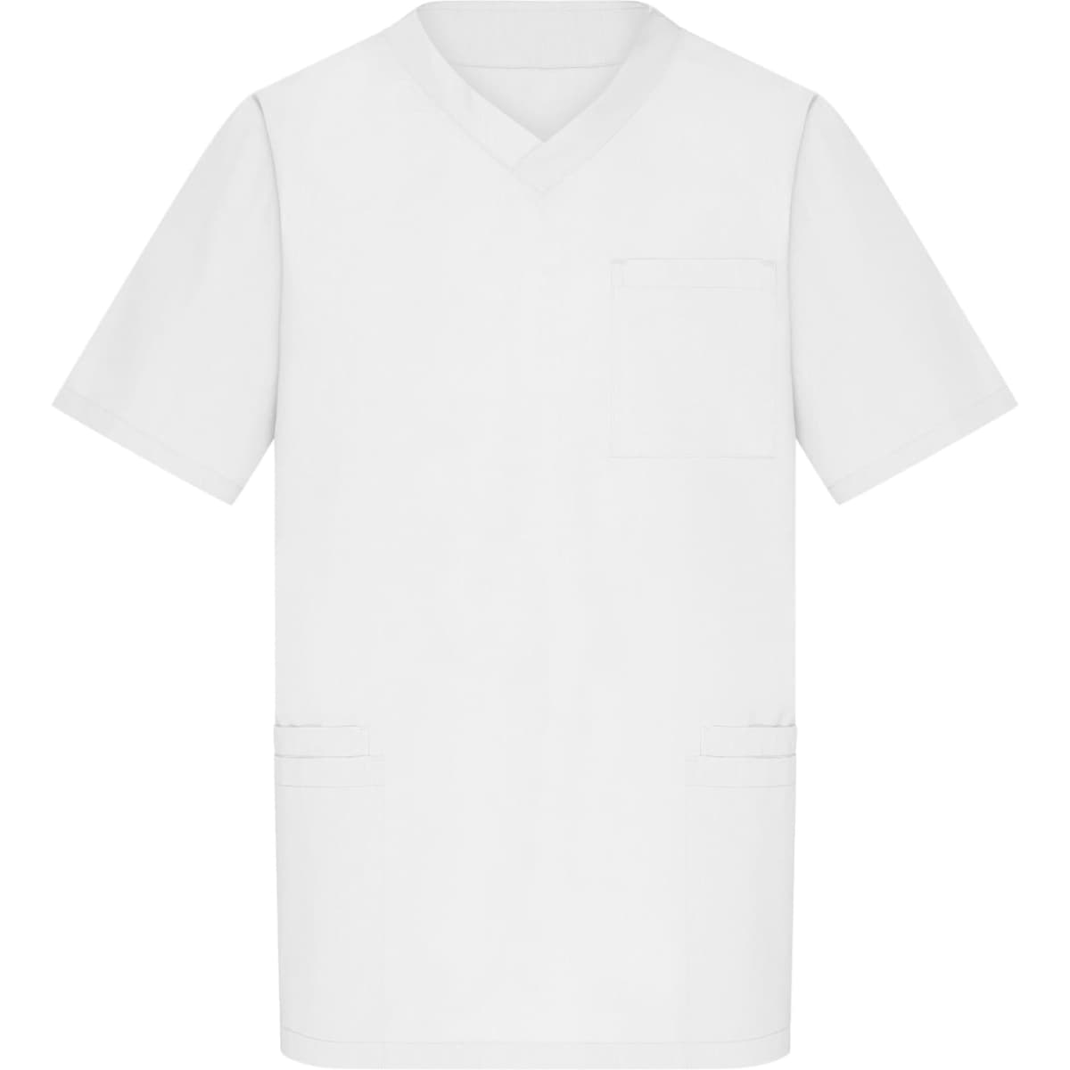 A white tunic featuring a v-neck and short sleeves, with a pocket and side slits. It has a branding logo.