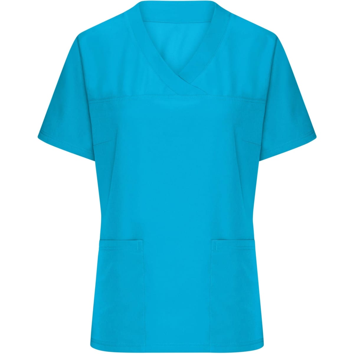 A turquoise ladies stretch casack uniform top featuring a v-neck and two front pockets. It has a logo on the design.
